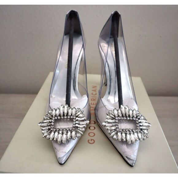 Good American Sz 7.5 Clear Cinder-F*cking-Rella Jeweled Stiletto Pumps $195 - Picture 10 of 15